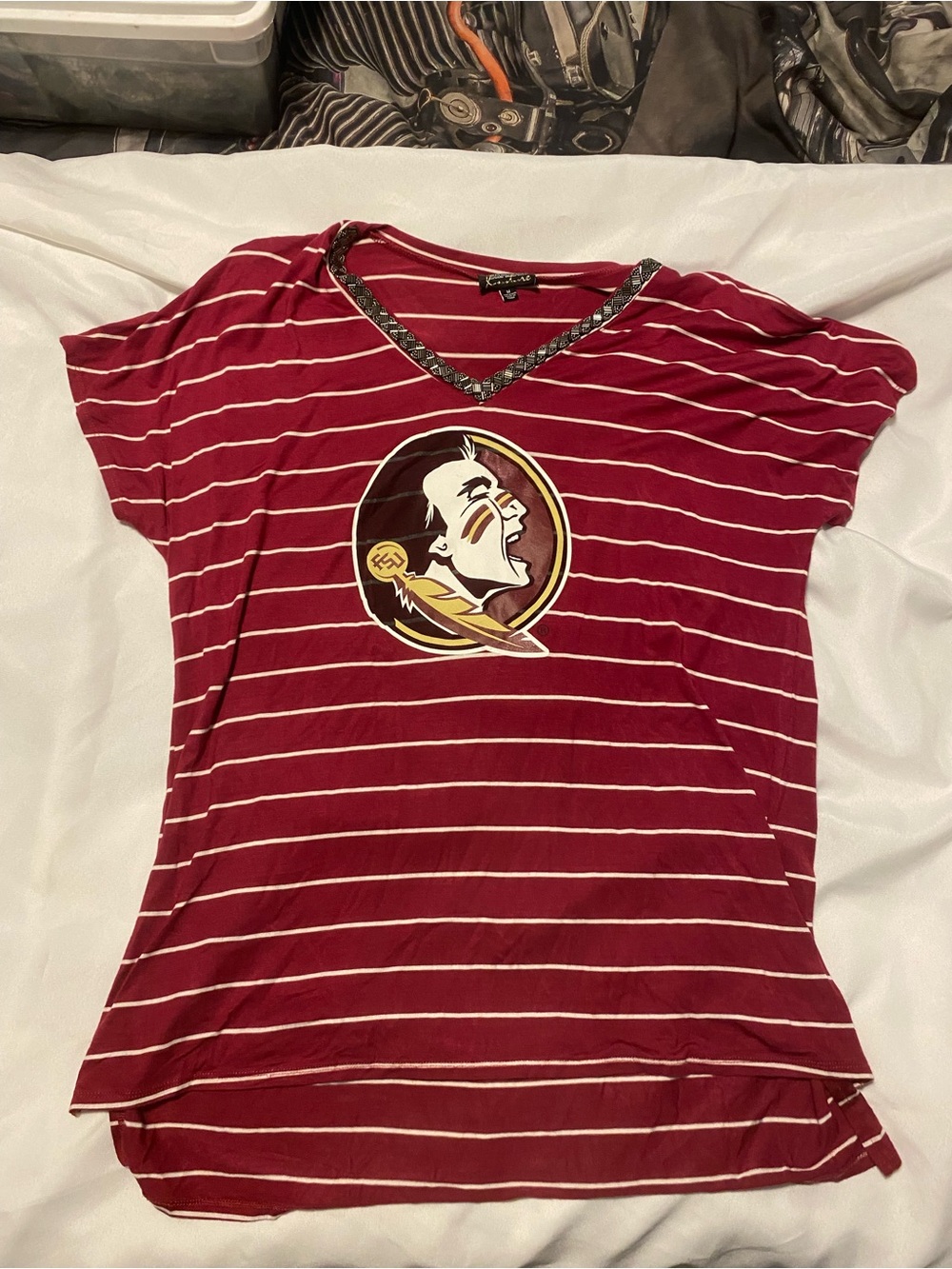 Women's Striped V-Neck Team Graphic Top - Garnet